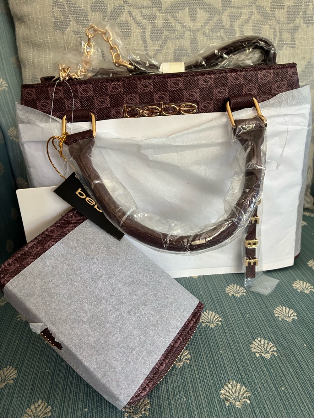 bebe Burgundy Crossbody Satchel with Gold Hardware